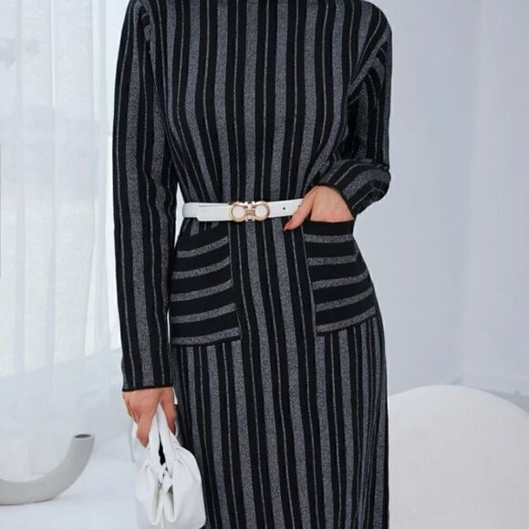 Stripe Pattern Dual Pocket Sweater Dress Without Belt Size M - Picture 5 of 5
